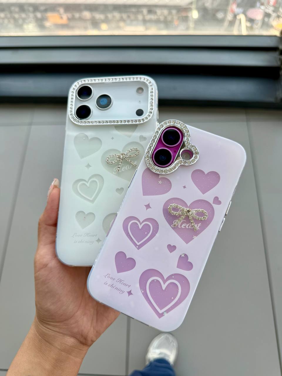 قاب گوشی ایفون گلس نگین دار ribbon heart